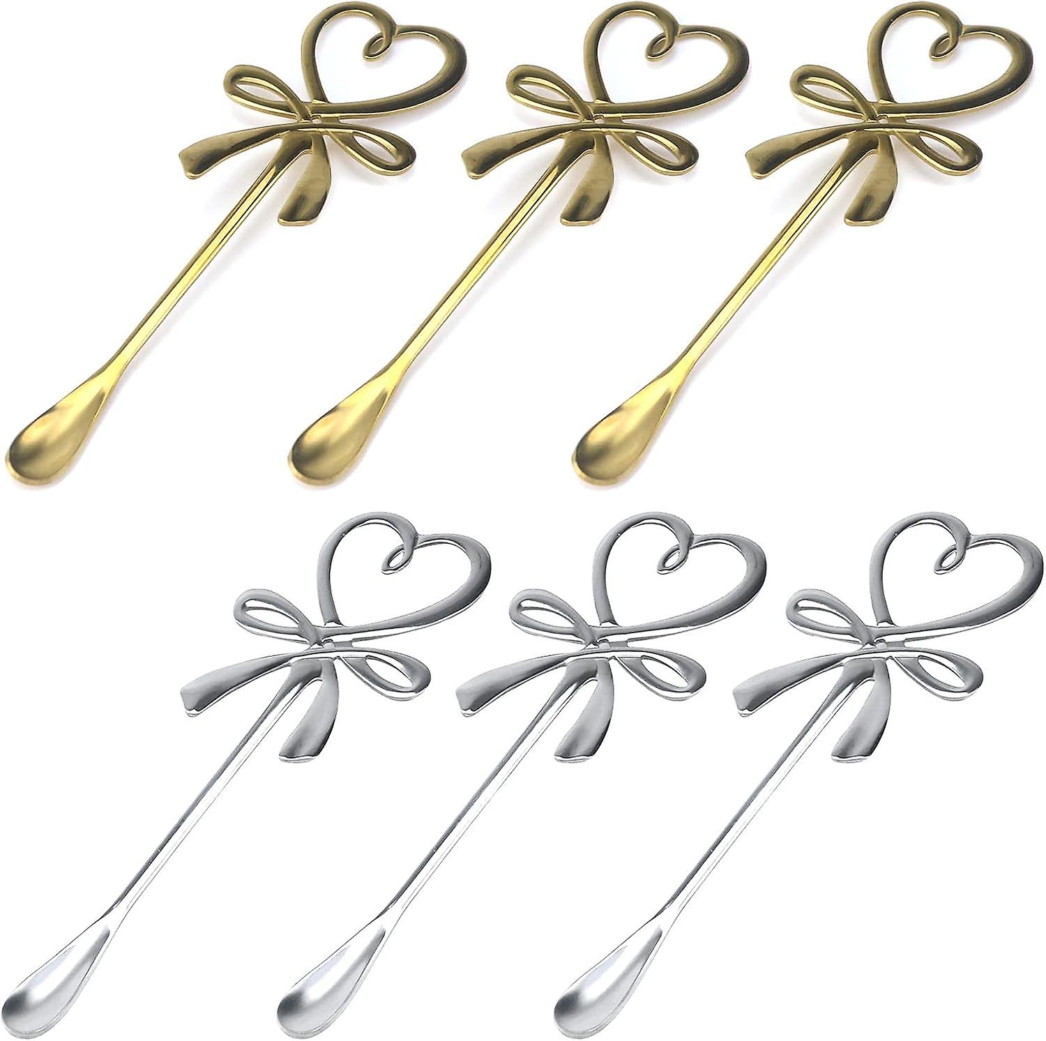 6pcs Coffee Stirring Spoons Stainless Steel Hanging Cup Spoon Heart Bowknot Shape Tea Spoon Dessert Sugar Ice Cream Spooons Gold and Silver