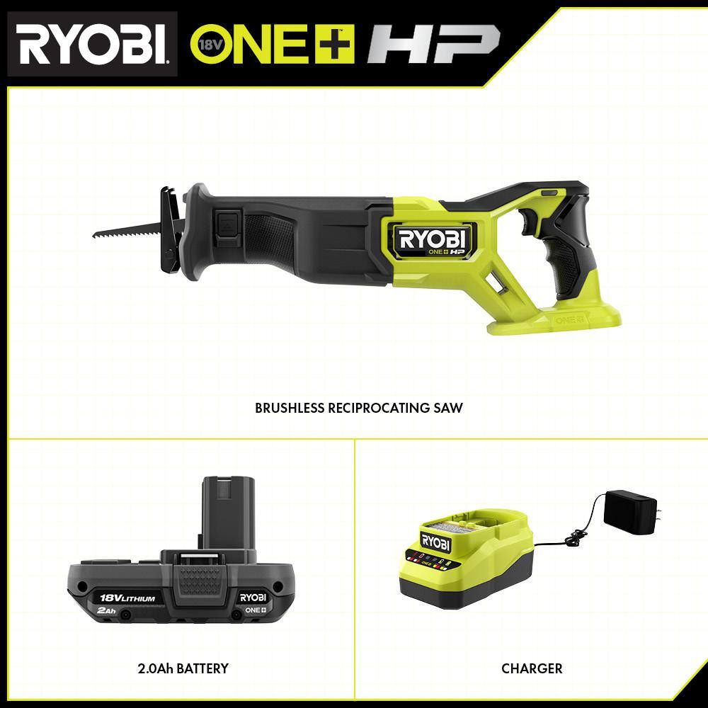 RYOBI ONE+ HP 18V Brushless Cordless Reciprocating Saw with 2.0 Ah Battery and Charger PBLRS01B-PSK005