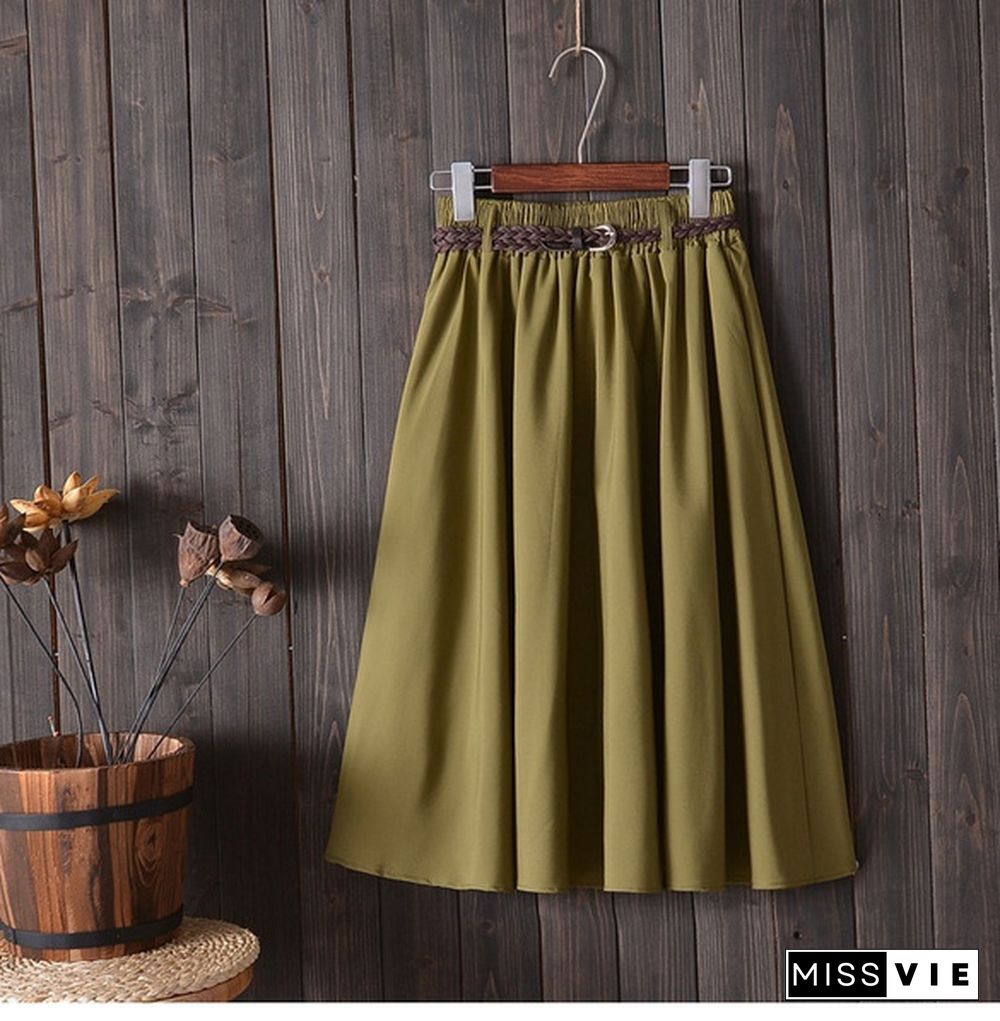 Midi Knee Length Summer Skirt Women With Belt Ladies High Waist Pleated A-Line School Skirt Female