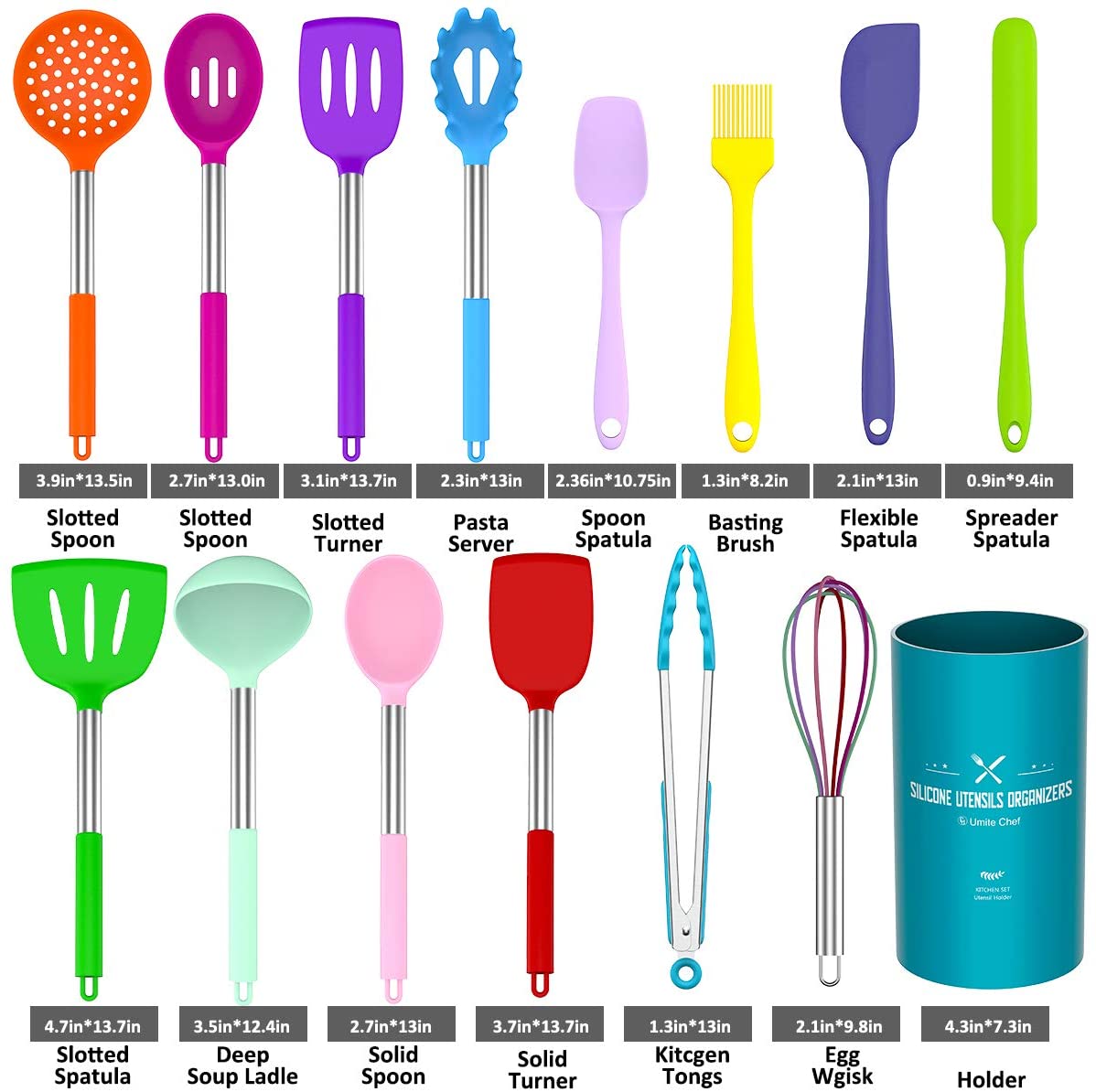 Umite Chef Kitchen Utensils Set, 15 pcs Silicone Cooking Kitchen Utensils Set, Heat Resistant Non-stick BPA-Free Silicone Stainless Steel Handle Turner Spatula Spoon Tongs Whisk Cookware - Colorful