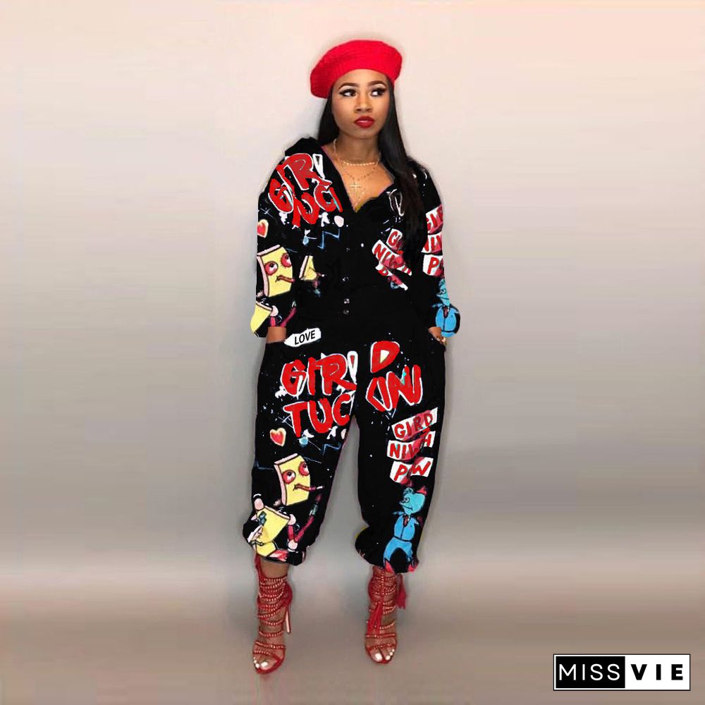 Loose Long Sleeve Animated Letter Print Lapel Jumpsuit