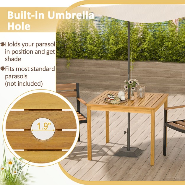 Costway Patio Dining Table Acacia Wood Square Outdoor Bistro With 1 9 x27 x27 Umbrella Hole Yard