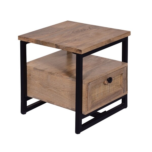 18 Inch Nightstand End Table， 1 Drawer， Open Storage， Natural Brown Mango Wood with a Rectangular Black Iron Frame