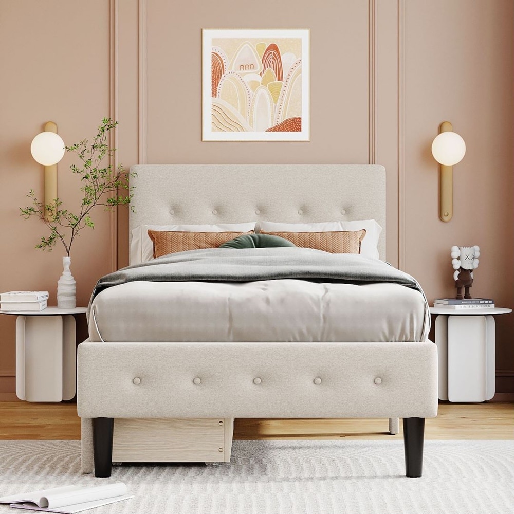 Twin Size Platform Bed Beige Tufted Headboard Wood Slat with 2 Drawers