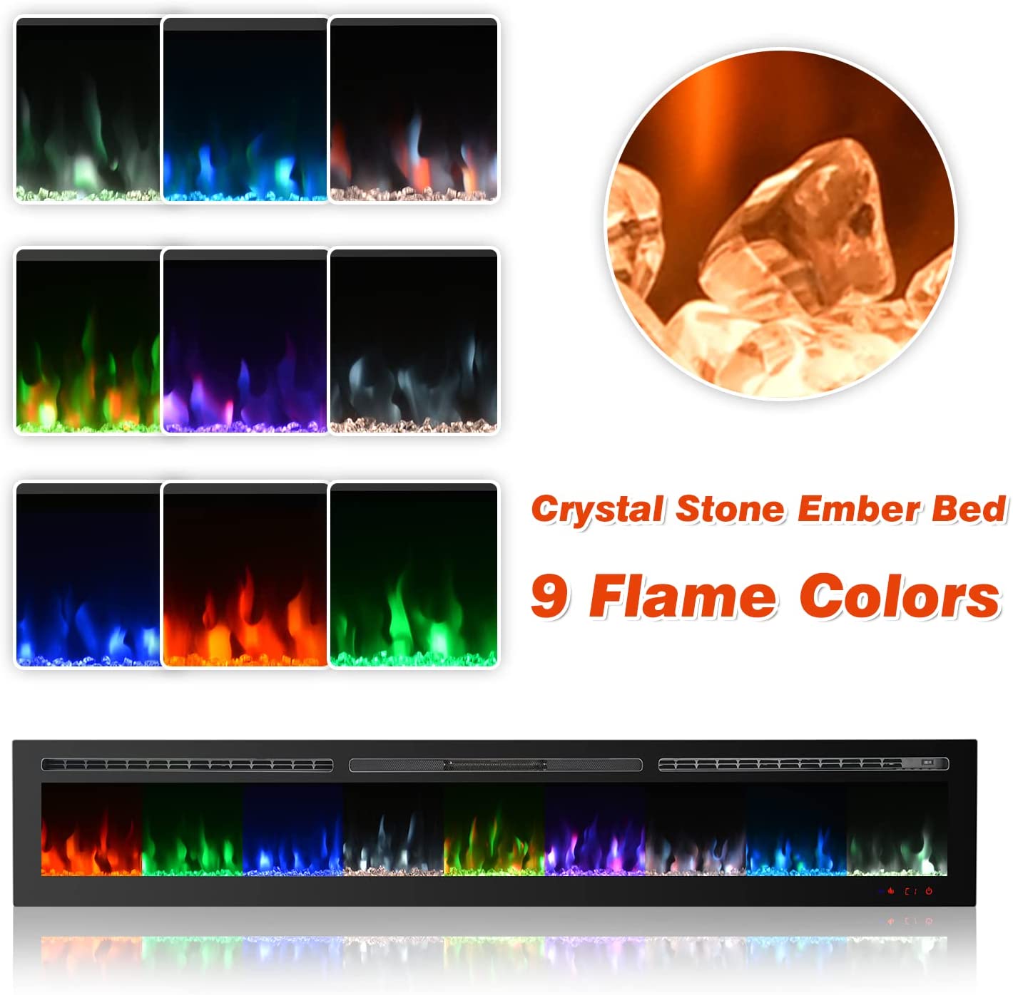 Erommy 100" Electric Fireplace, Wall Mounted and Recessed Fireplace Heater with Remote Control &Timer, 9 Color LED Flamer, Crystals Only, 750/1500W