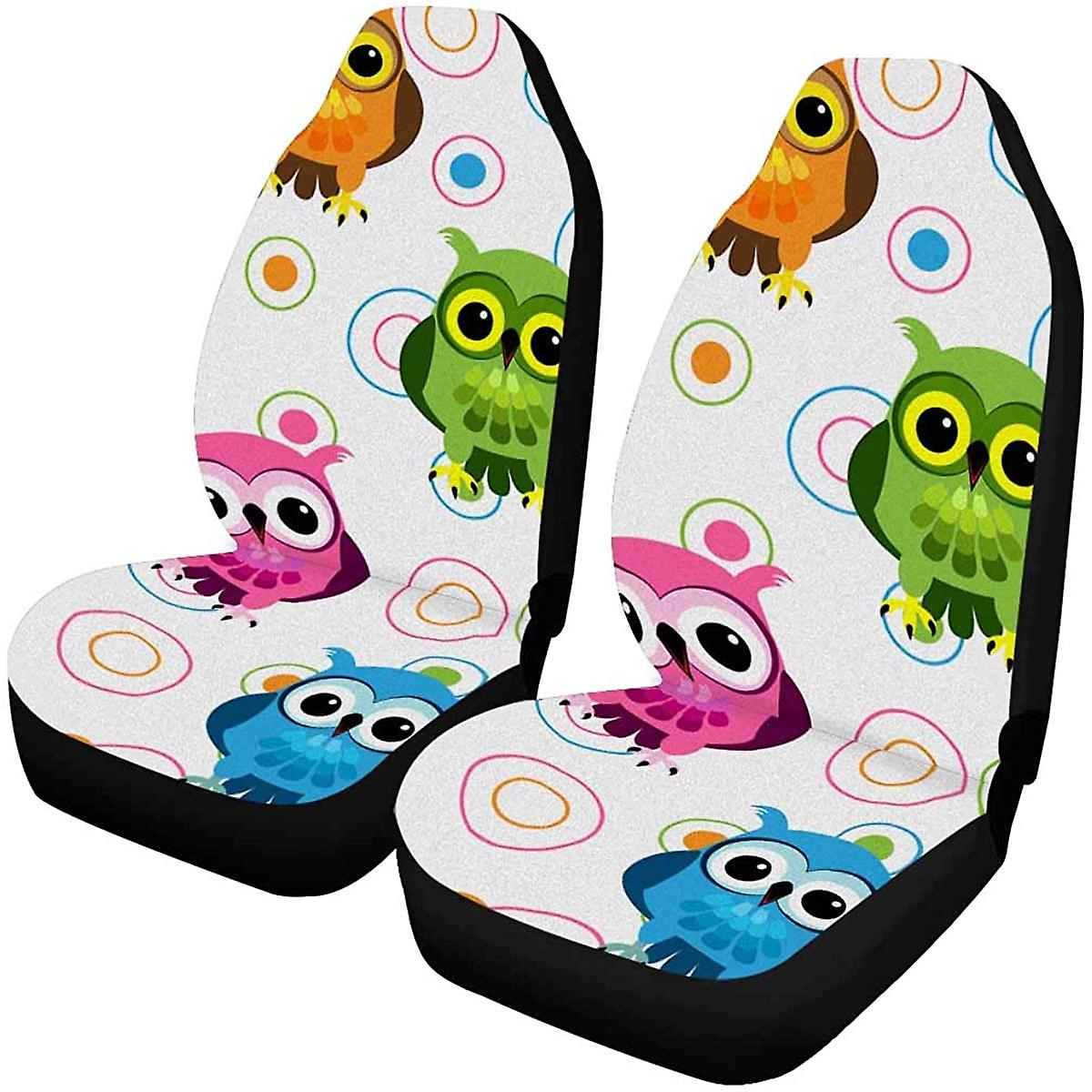 Set Of 2 Car Seat Covers Cute Fun Cartoon Owls Colorful Pink Blue Green Orange Random Circle Over White Universal Auto Front Seats Protector