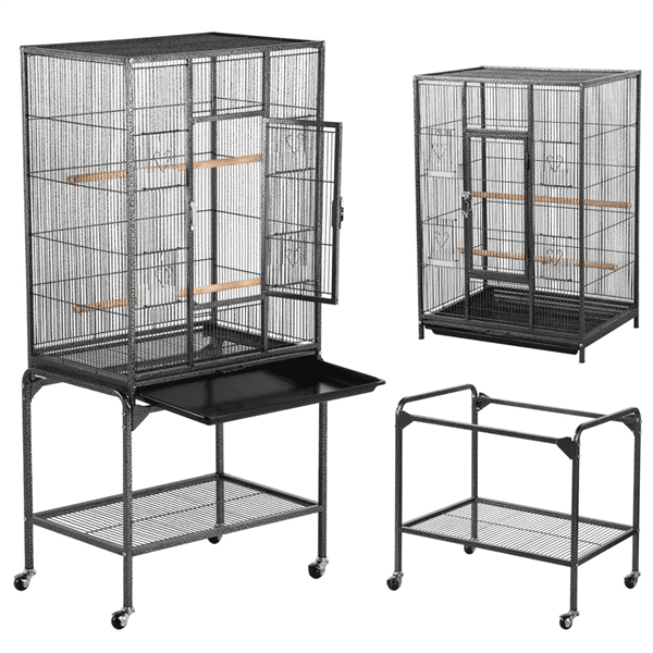 53.7''andnbsp;Metal Rolling Bird Cage with Stand， 4 Feeding Bowls， and 2 Perches， Black