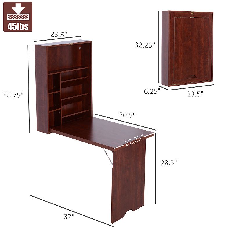 HOMCOM Compact Fold Out Wall Mounted Convertible Desk With Storage Mahogany