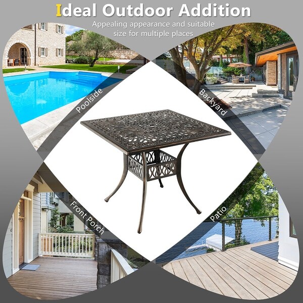 Gymax 35.4'' Patio Square Dining Table Cast Aluminum Umbrella Hole