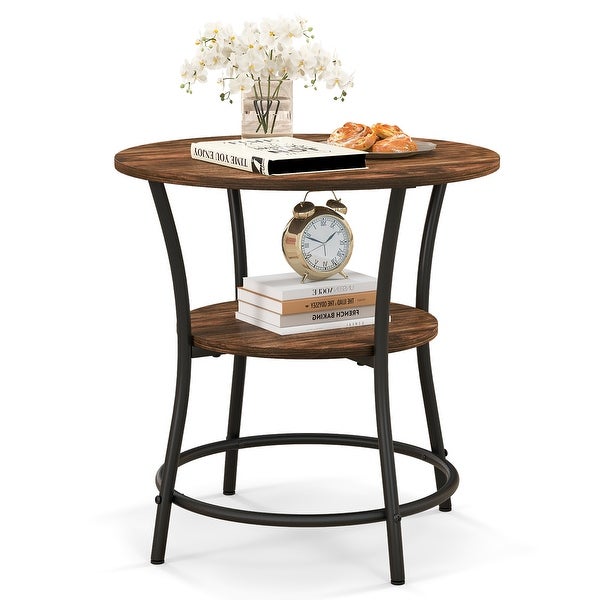 Gymax 2-Tier Side Table Compact Round Metal Frame Coffee Table w/ Open