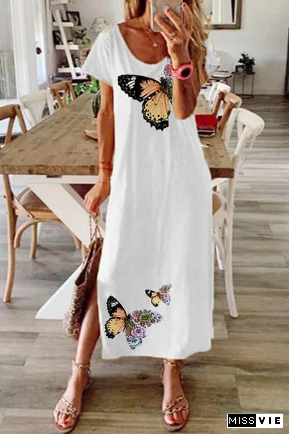 Casual Butterfly Printed Short Sleeve Maxi Dress P10467