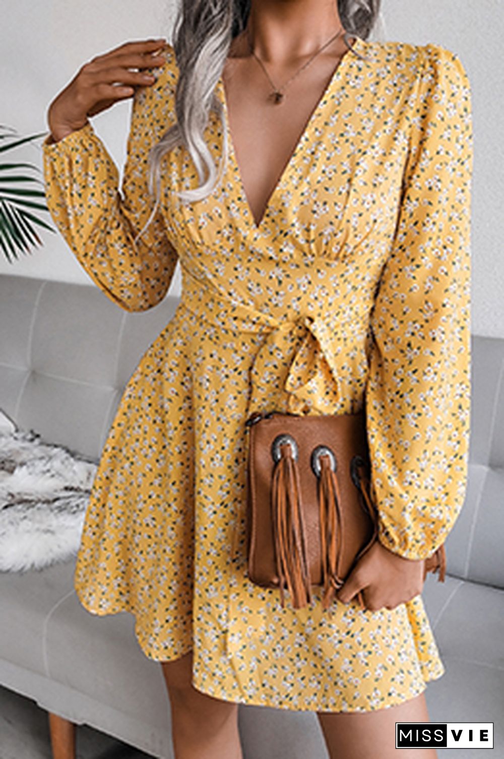 Casual Floral Split Joint Frenulum V Neck A Line Dresses