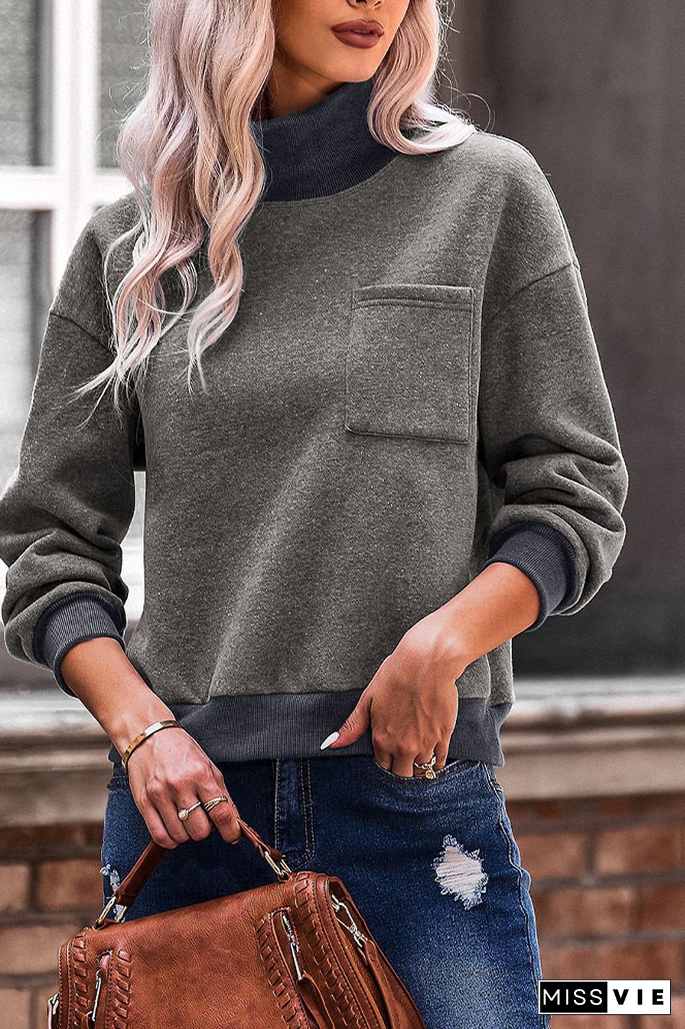 Turtleneck Plain Pocket Sweatshirt