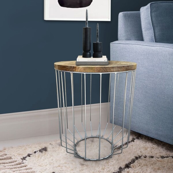 25 Inch Mango Wood Round Side End Accent Table， Tapered Slatted Cage Design