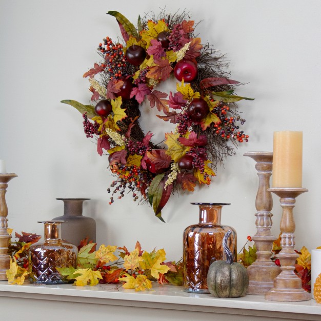 Northlight Apple And Berry Maple Leaf Twig Artificial Wreath 22 inch