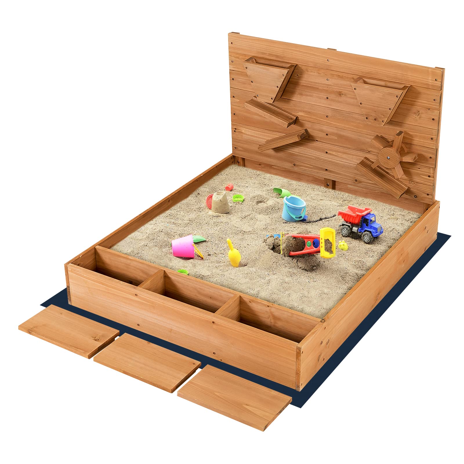 Costzon Wooden Sandbox with Cover, Sand Wall, Bottom Liner, Bench Seat with Toy Storage Space, Waterproof Coating, Kids Outdoor Play