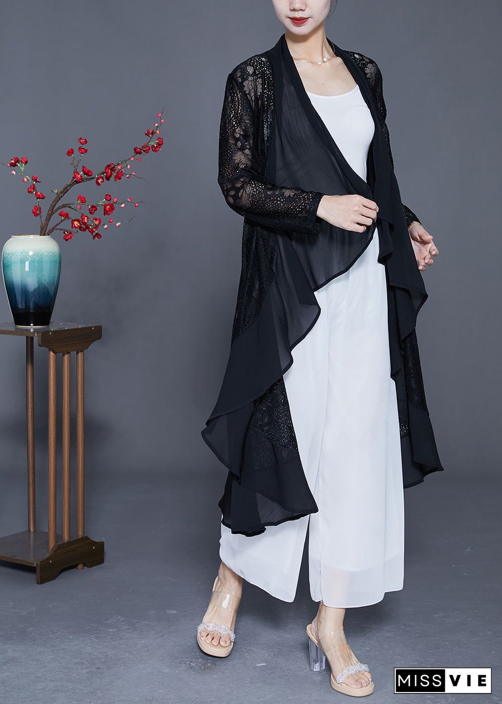 Fine Black Ruffles Patchwork Hollow Out Lace Cardigans Summer