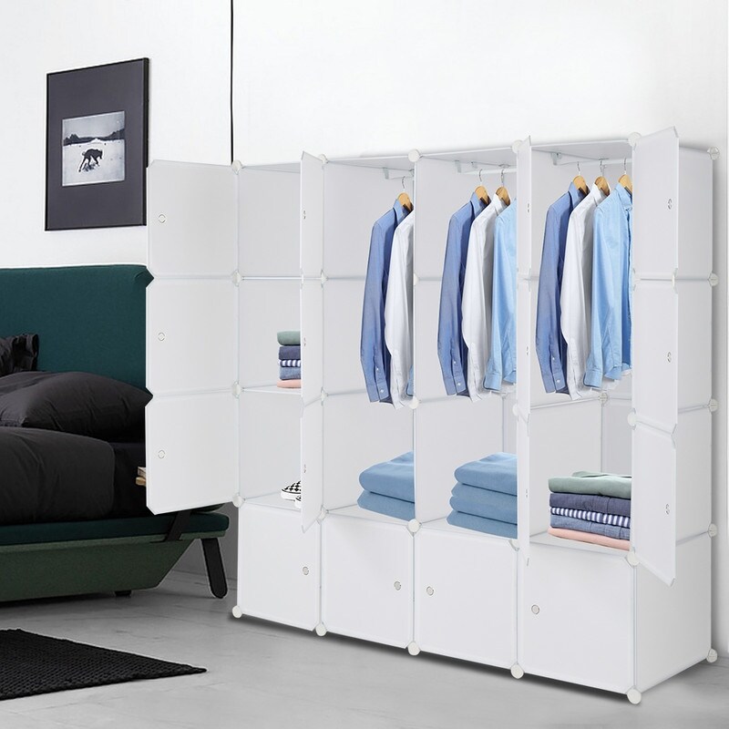 8/12/16/20 Cube Organizer Stackable Plastic Cube Storage Closet Cabinet with Hanging Rod White