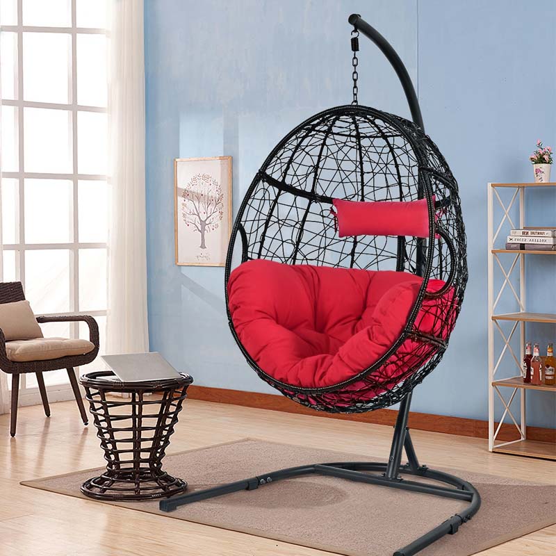 Outdoor Indoor Hanging Egg Chair Hammock Swing Chair with C Hammock Stand Set, Soft Seat Cushion & Pillow