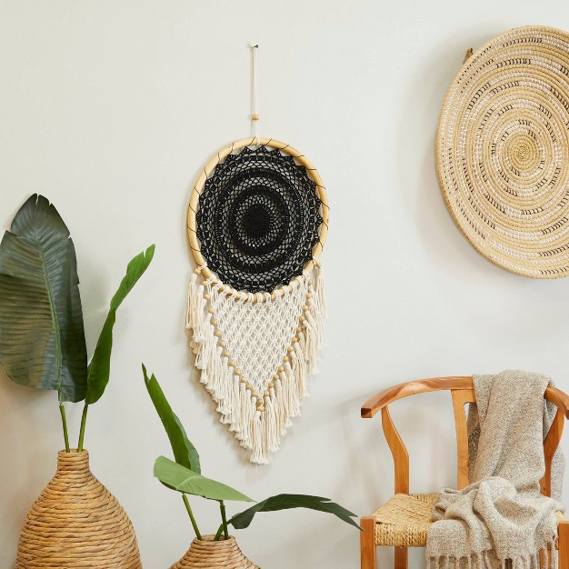 X 16 quot Cotton Macrame Handmade Intricately Woven Dreamcatcher Wall Decor With Beaded Fringe Tassels Black Olivia amp May