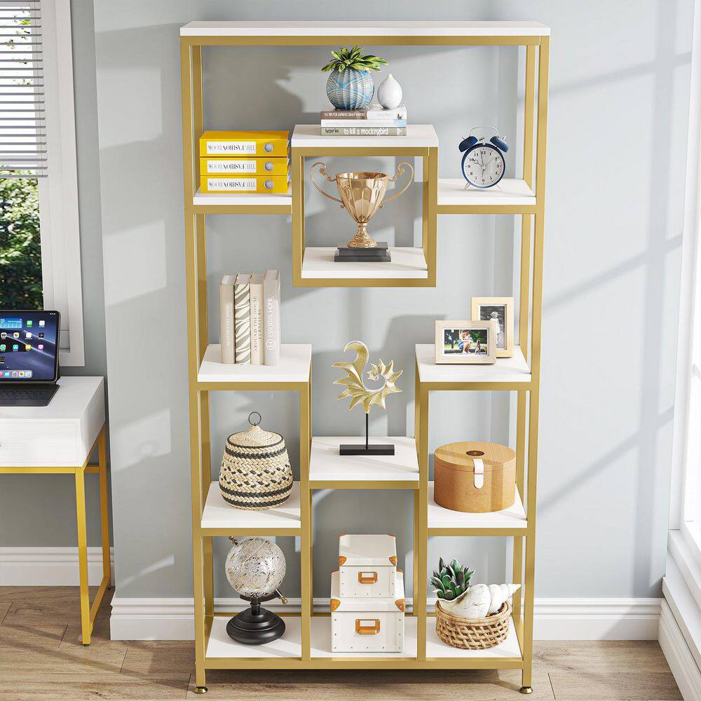 TRIBESIGNS WAY TO ORIGIN Frailey 71 in. Gold White Tall 11-Tier Large Open Display Bookshelf Geometric Cubed Bookcase Modern Storage Home Office HD-XK00191-WZZ