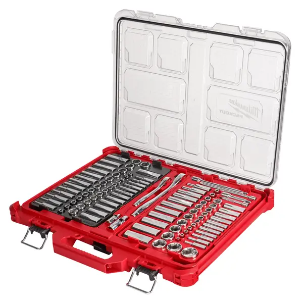 Milwaukee 106-Piece 1/4 and 3/8 Metric and SAE Ratchet and Socket Set with PACKOUT Low-Profile Organizer