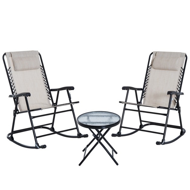 Outsunny 3 Piece Outdoor Rocking Bistro Set Patio Folding Chair Table Set With Glass Coffee Table For Yard Patio Deck Backyard