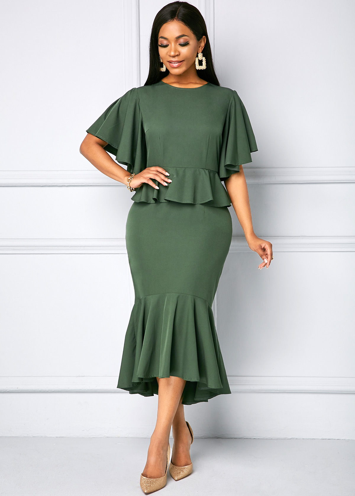Solid Half Sleeve Round Neck Dress