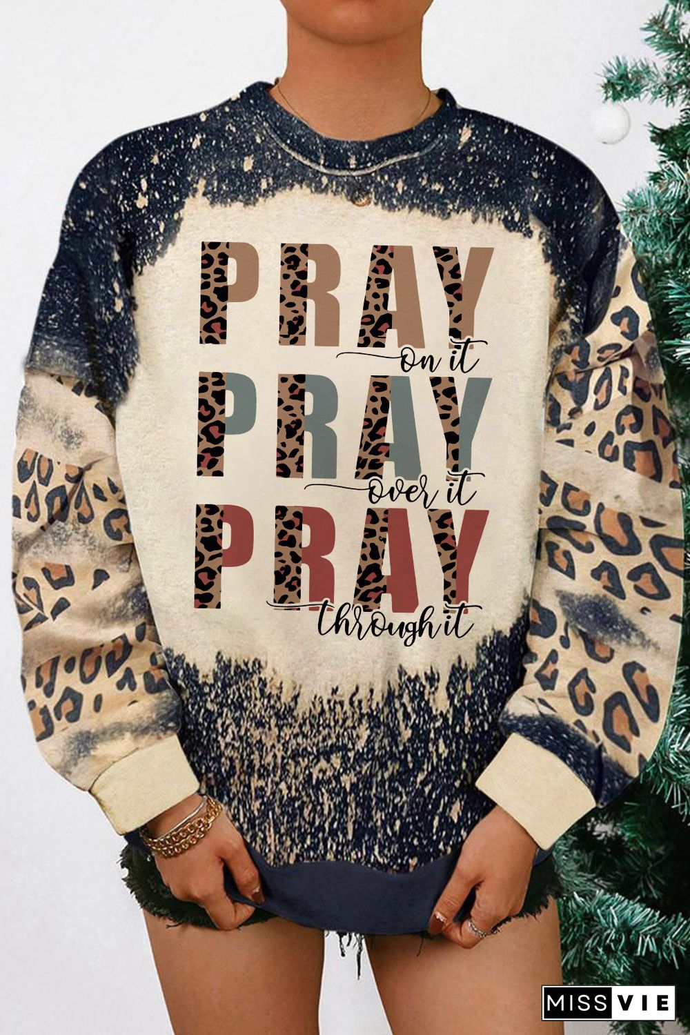 Black PRAY Letter Leopard Bleached Color Block Sweatshirt