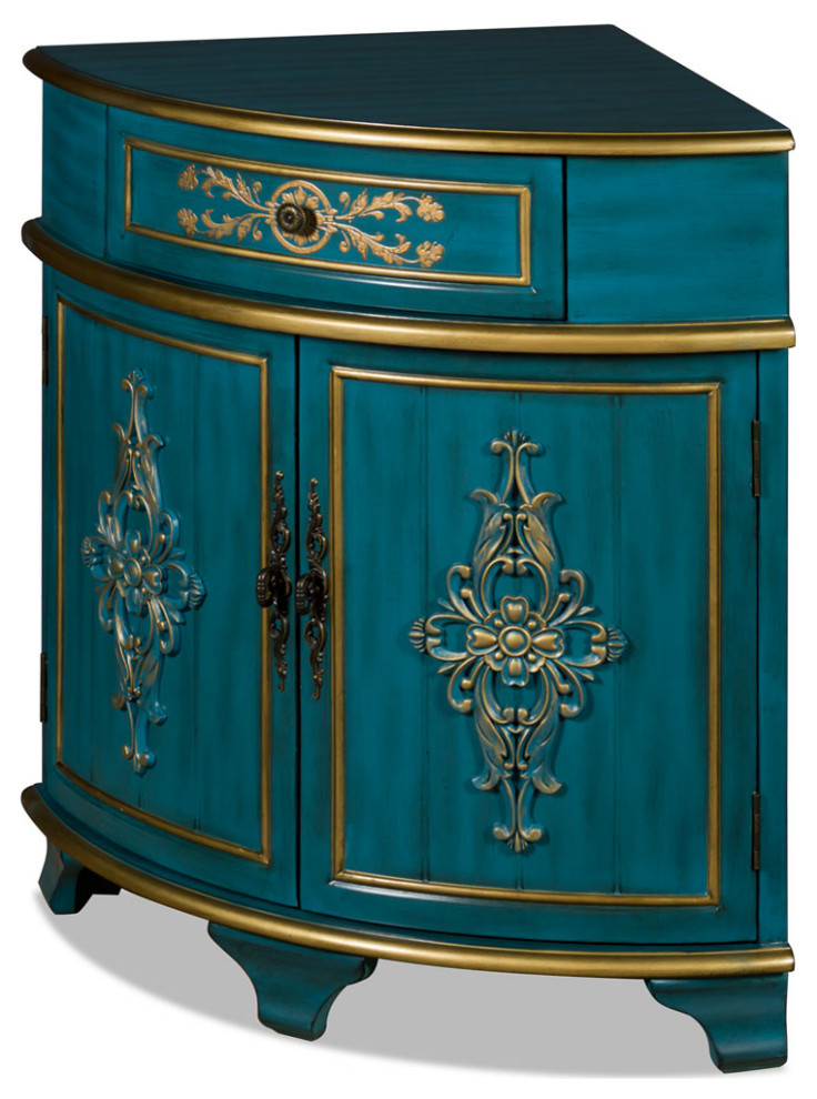 Aquamarine Blue and Gold French Style Asian Round Corner Cabinet   Traditional   Accent Chests And Cabinets   by China Furniture and Arts  Houzz