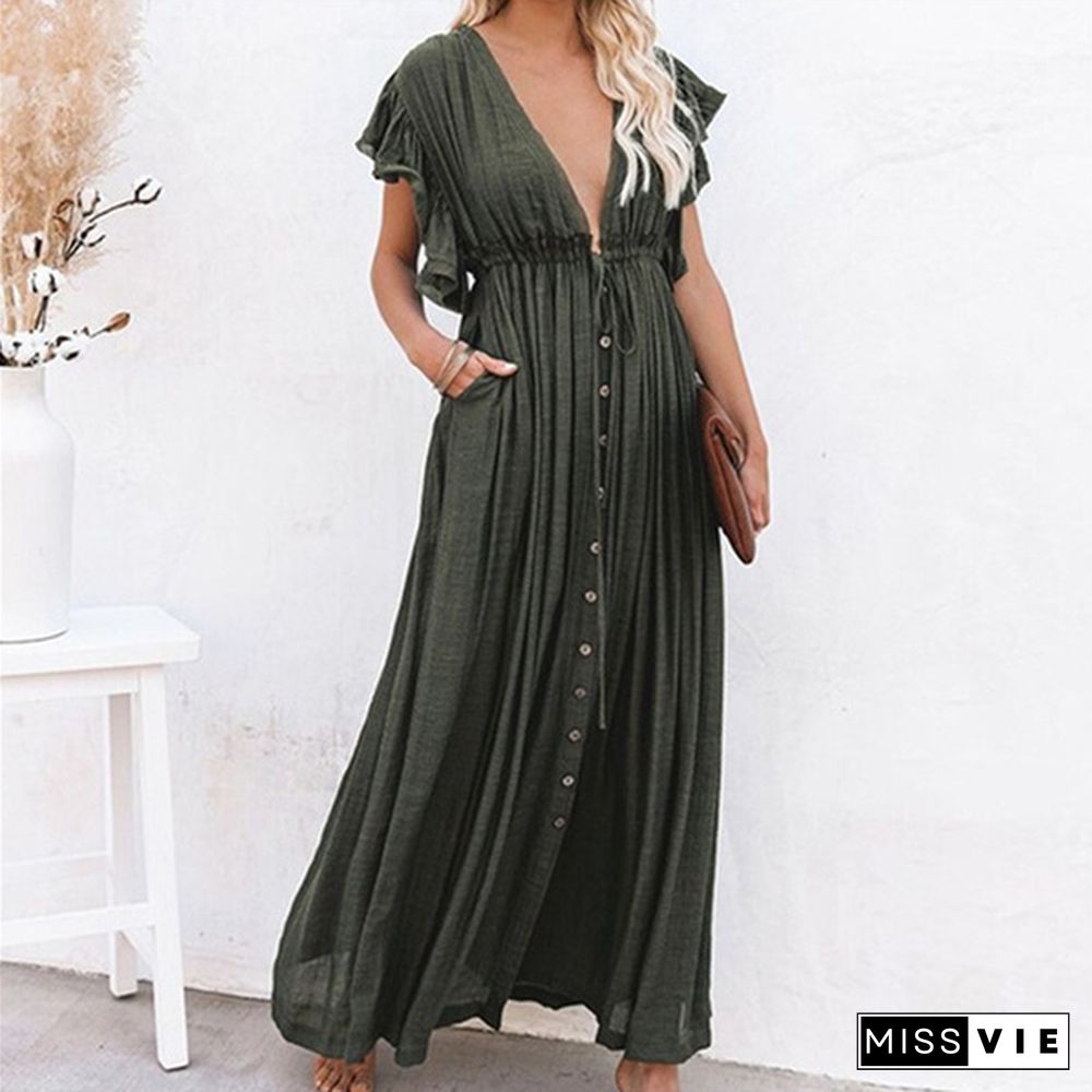 Woman Bohemian Boho Fashion Elegant Sexy V Neck Bikini Cover-ups Long White Tunic Casual Summer BeachDress Elegant Women BeachWear Swim Suit Cover Up Loose Maxi Pregnant Maternity Dresses Plus Size