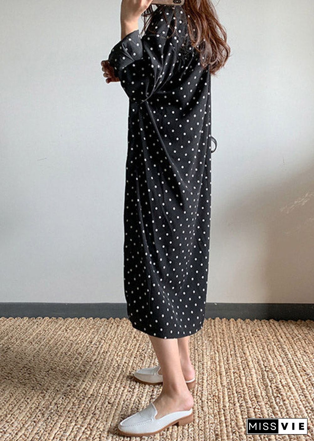 Black Dot Side Open Maxi Dress Long Sleeve