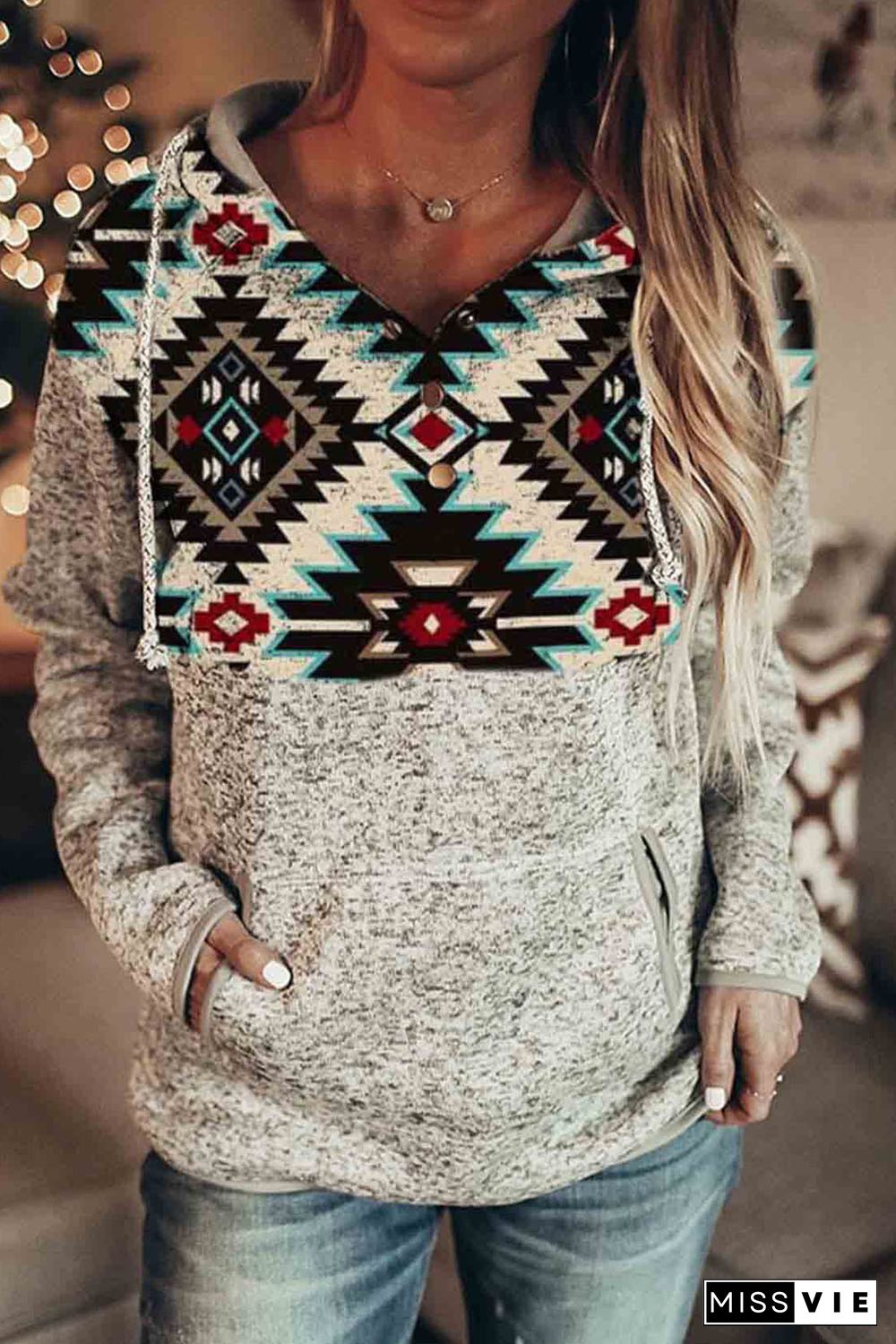 Tribal Geometric Printed Hoodie with Front Pocket