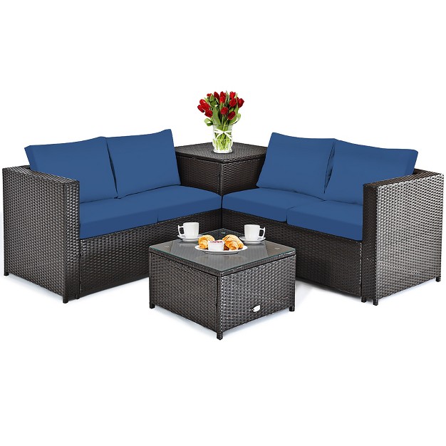 Costway 4pcs Patio Rattan Furniture Set Cushioned Loveseat Storage Table Navy