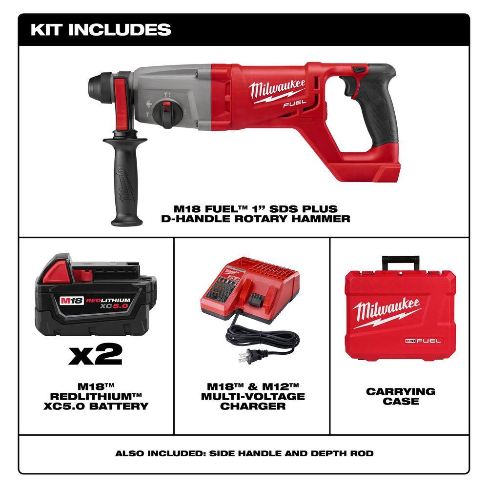 MW M18 FUEL 18V Lithium-Ion Brushless Cordless 1 in. SDS-Plus D-Handle Rotary Hammer Kit w Two 5.0Ah Batteries  Case 2713-22