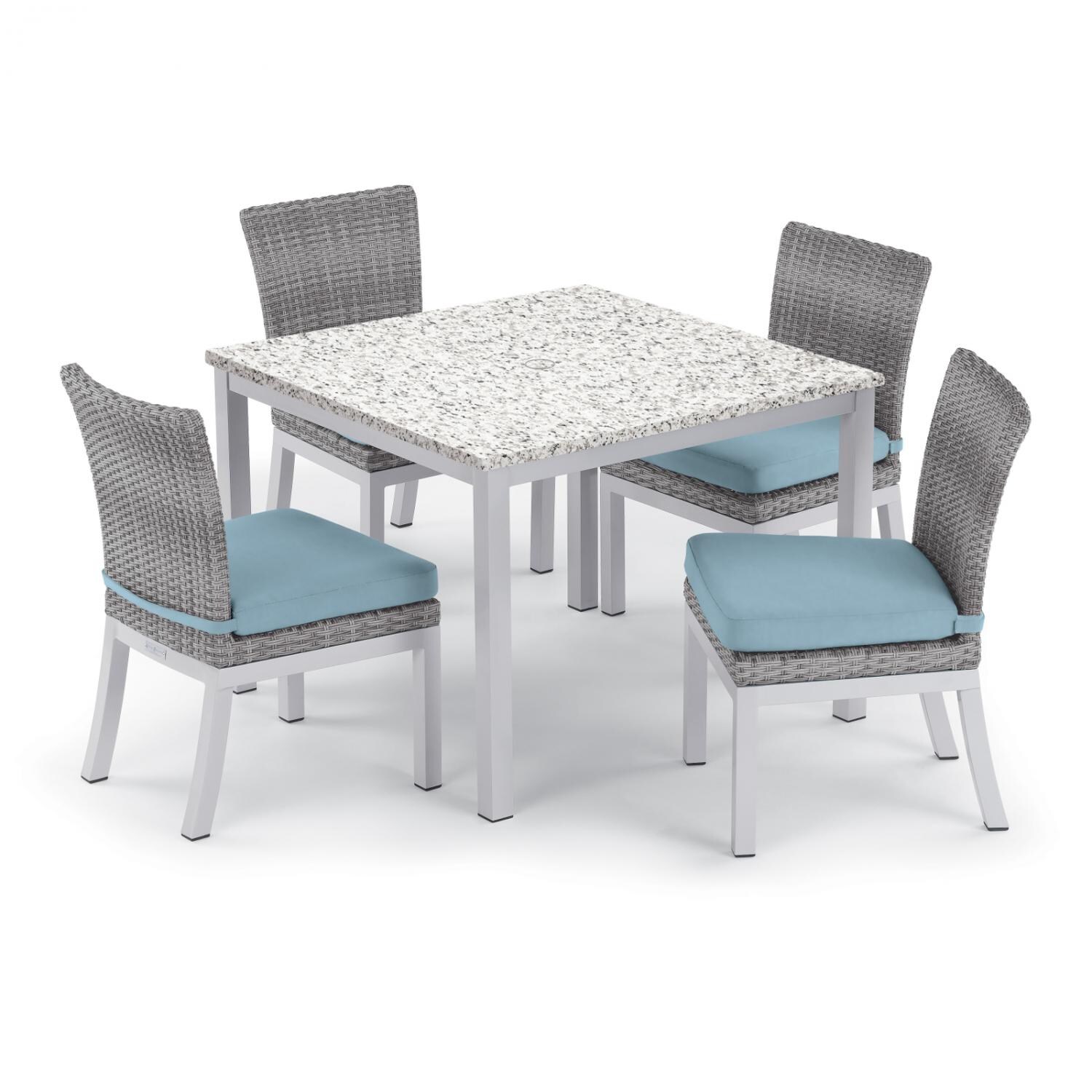 Argento 5 Piece Wicker Patio Dining Set W/ 39 Inch Square Lite-Core Ash Table， Side Chairs and Ice Blue Cushions By Oxford Garden