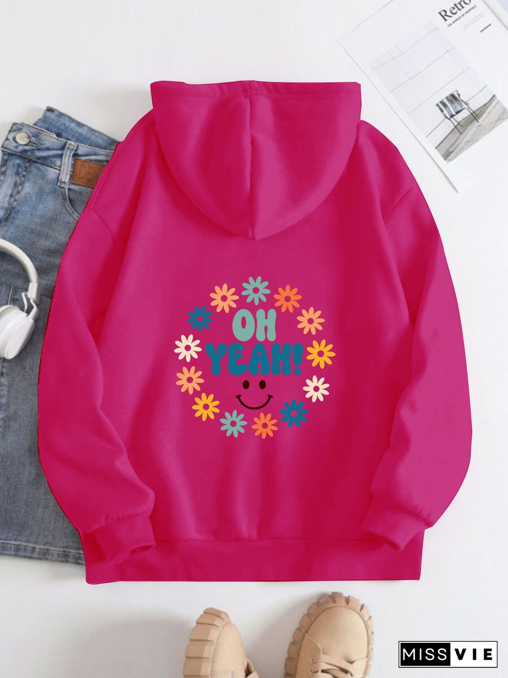 Printed on the Back Kangaroo Pocket Hoodie Long Sleeve for Women Pattern oh yeah