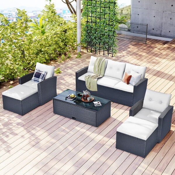 6Piece Patio Outdoor Conversation Set，AllWeather PE Rattan Sectional Sofa with Coffee Table and Ottomans