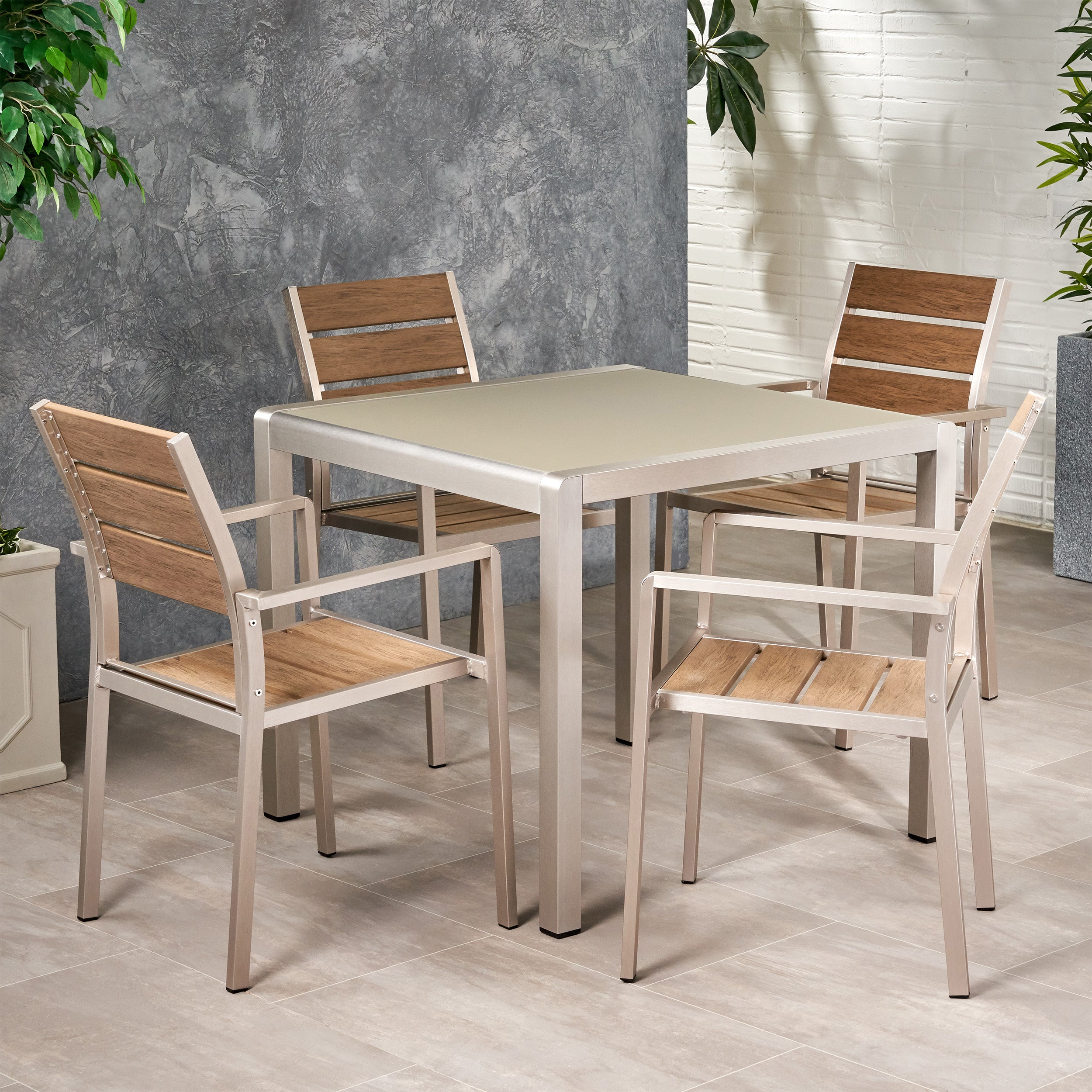 Cherie Outdoor Modern Aluminum 4 Seater Dining Set with Faux Wood Seats