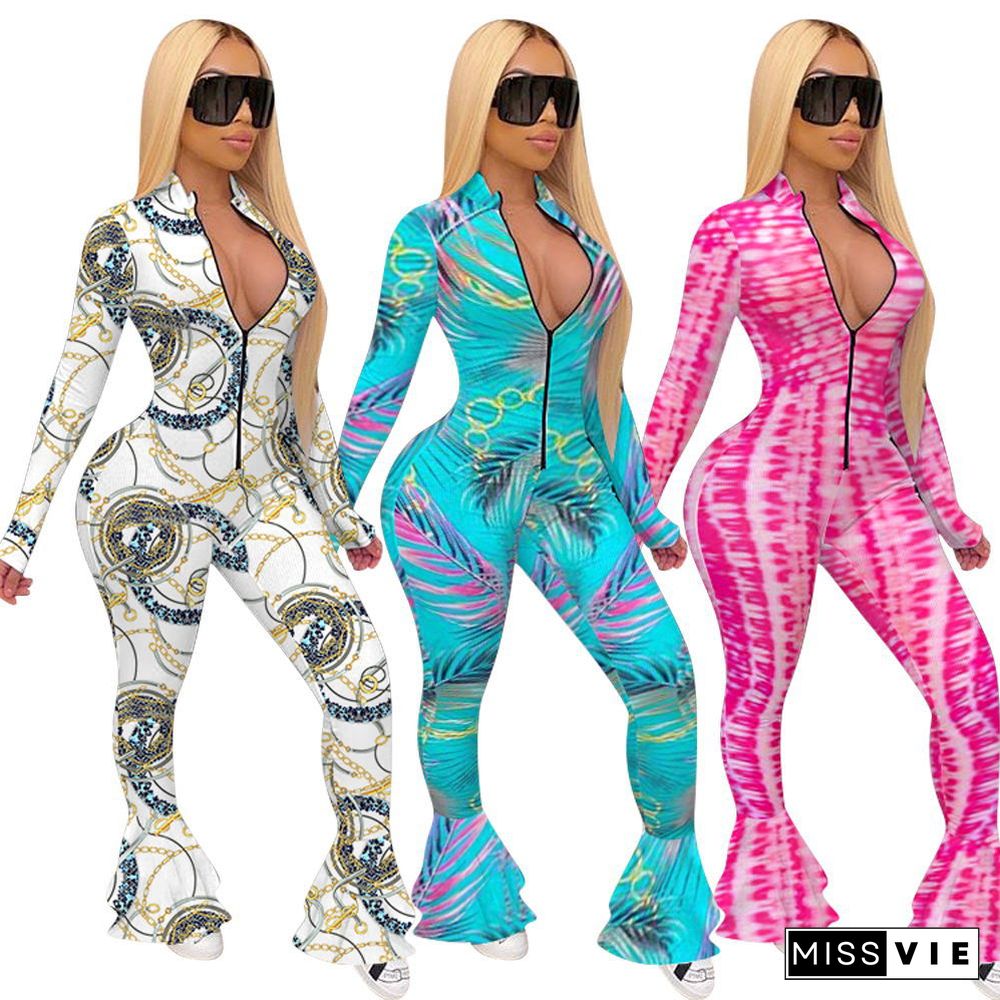 New Print Long Sleeve Zippered Fishtail Jumpsuit