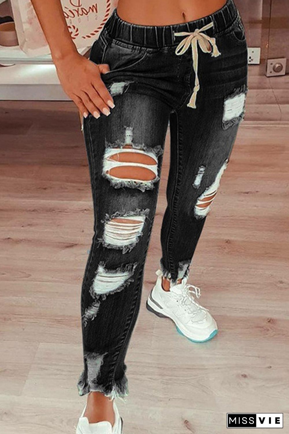 Black Drawstring Ripped Jeans