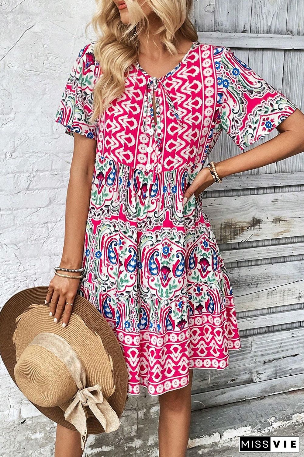 Bohemian Print Tie Neck Ruffle Hem Short Dress