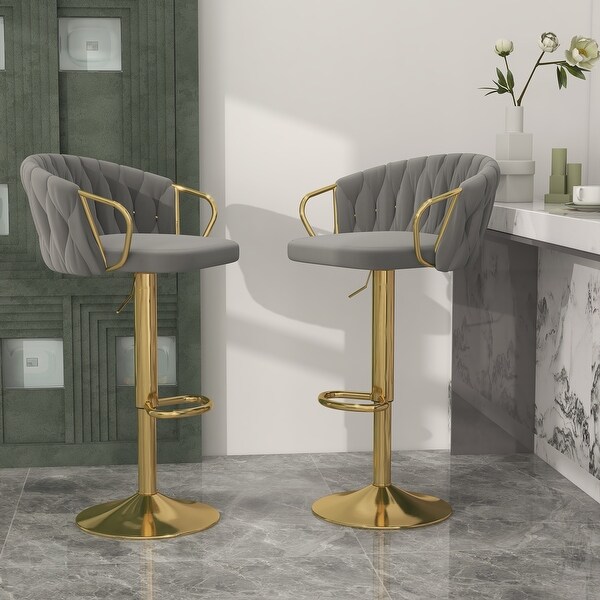 Set of 2 Bar Stool Adjustable Height Swivel Velvet Woven