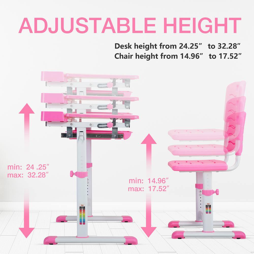 TOBBI Kids Desk and Chair Set Height Adjustable Children Study Workstation with Tilted Desktop Book Stand and Storage TH17S0763