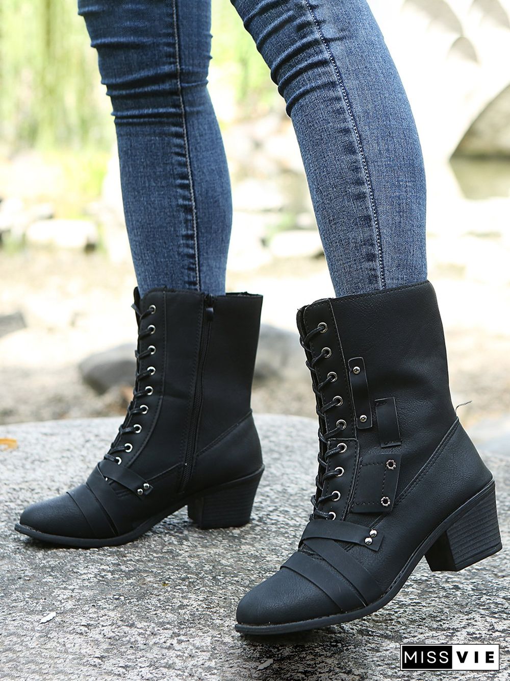 Women's Retro Comfy Chunky-heel Lace-up Riding Riding Boots