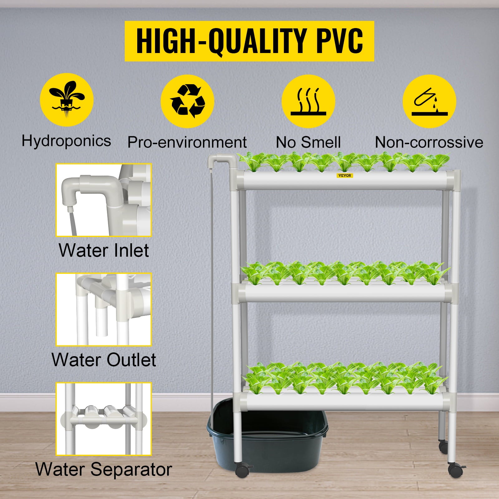 VEVOR Hydroponic Site Grow Kit 3 Layer 108 Plant Sites， 12 PVC Pipes Hydroponic Indoor Plant Growing System， Food-Grade Pipe Plant Grow Kit with Water Pump and Timer