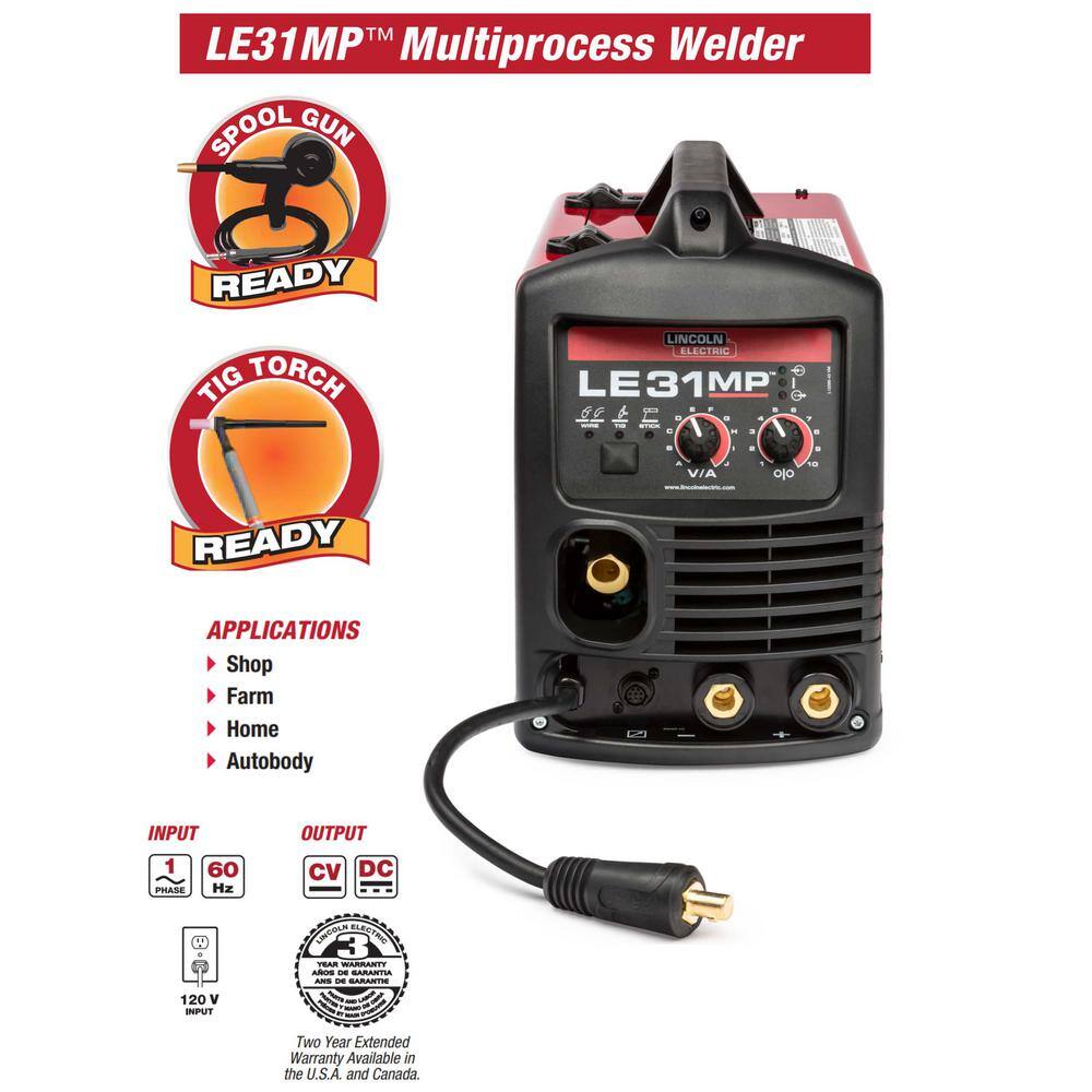 Lincoln Electric 140 Amp LE31MP Multi-Process StickMIGFlux-CoreTIG 120V Aluminum Welder with Spool Gun sold separately K3461-1