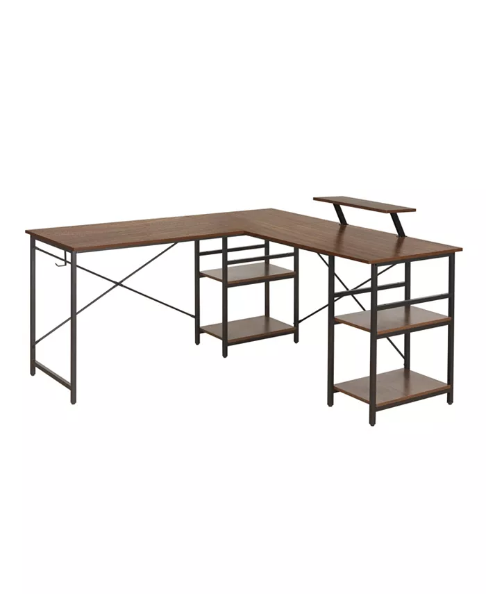 Techni Mobili Wood L-Shape with Storage Shelves Industrial Desk