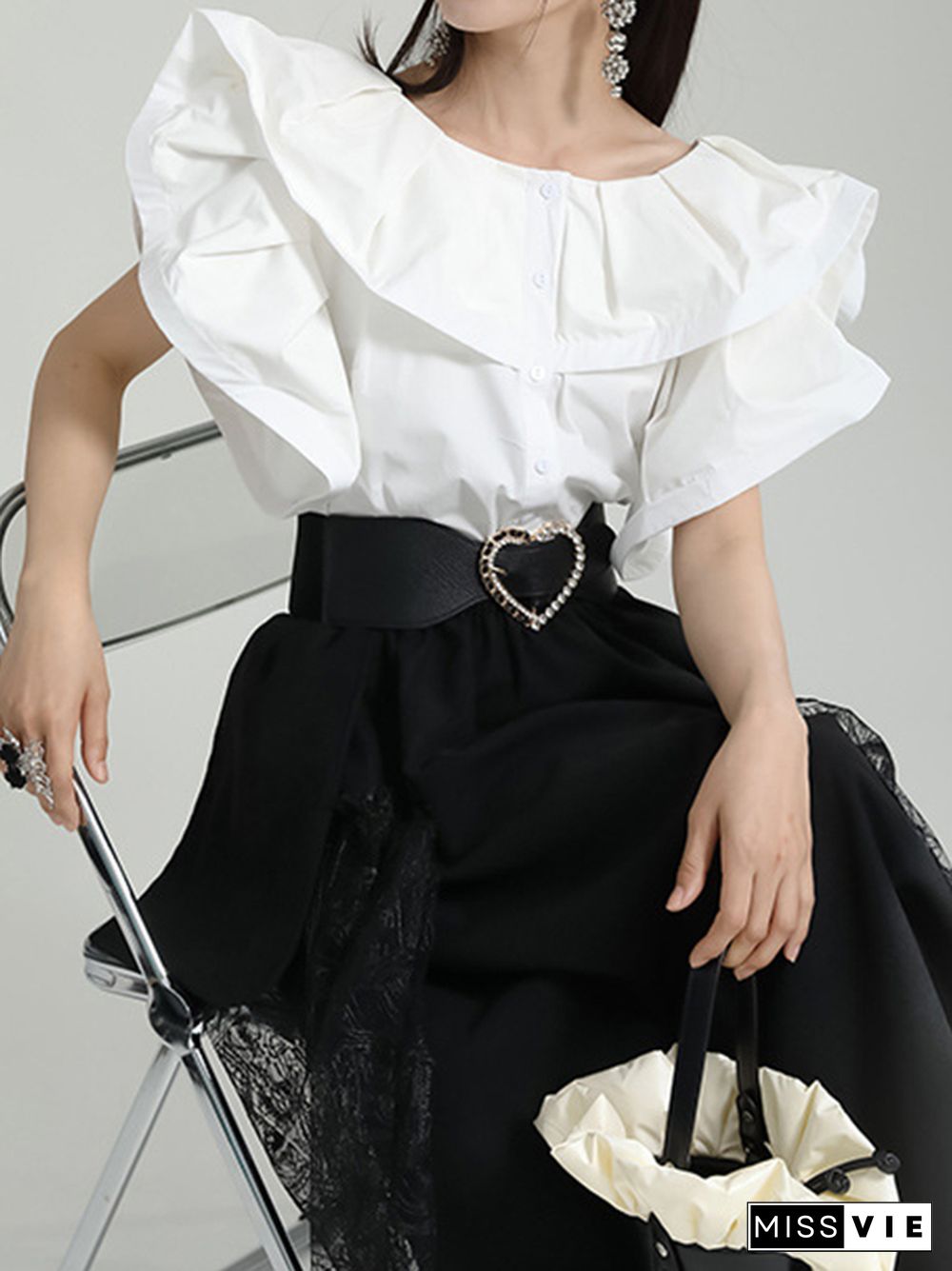 Loose Short Sleeves Falbala Pleated Solid Color Split-Joint Round-Neck Blouses