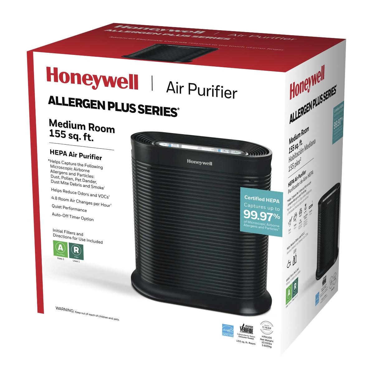 Honeywell AllergenPlus HEPA Air Purifier， Airborne Allergen Reducer for Medium Rooms (155 sq ft)， Black  Wildfire/Smoke， Pollen， Pet Dander， and Dust Air Purifier， HPA100